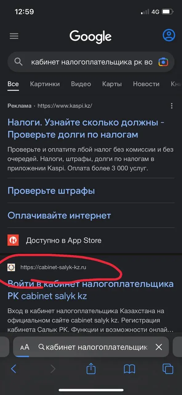 Скриншот мобильной выдачи Google с результатом по сайту kaspi.kz Скриншот мобильной выдачи Google с результатом по сайту kaspi.kz