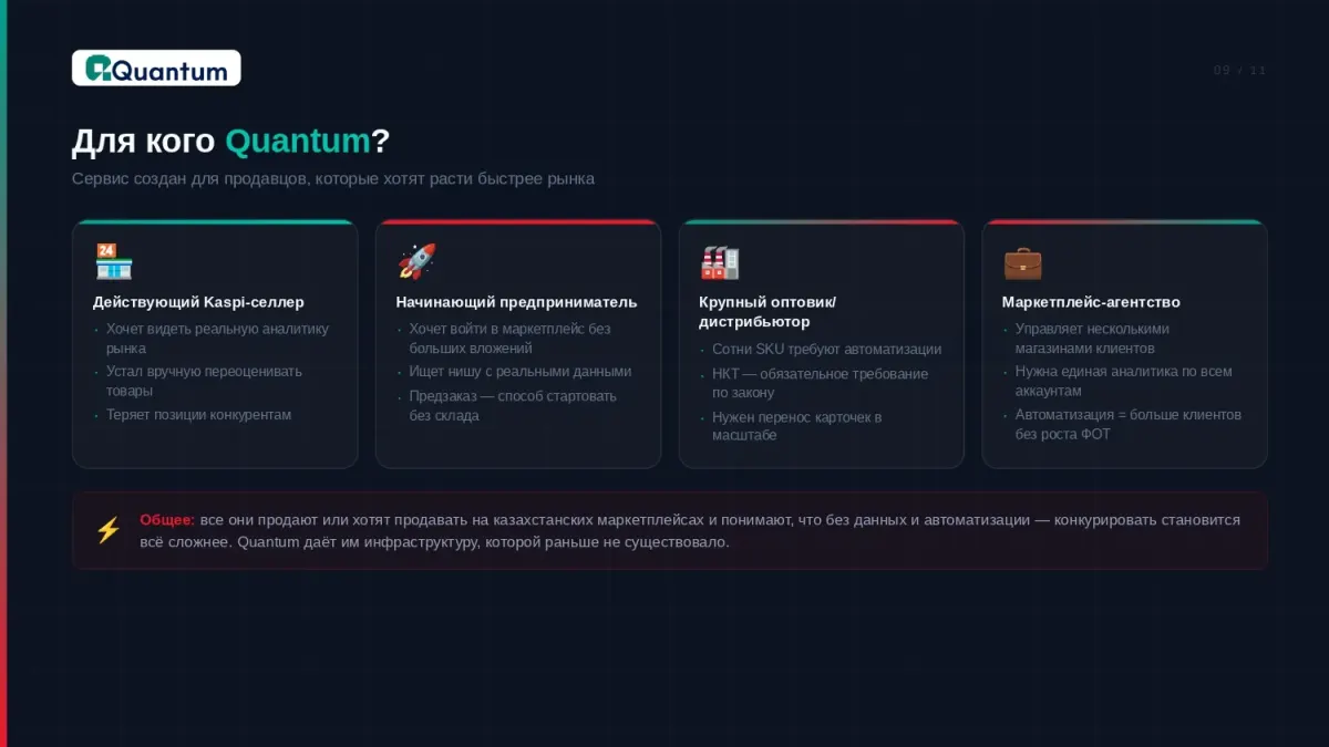 Слайд презентации Quantum о сервисе для продавцов на маркетплейсах Казахстана и автоматизации аналитики продаж