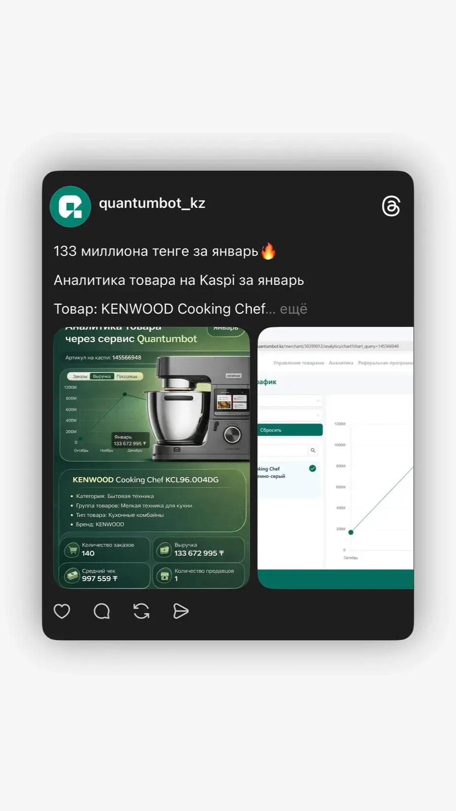 Скриншот аналитики товара на Kaspi с данными по продажам кухонного комбайна KENWOOD в сервисе Quantumbot