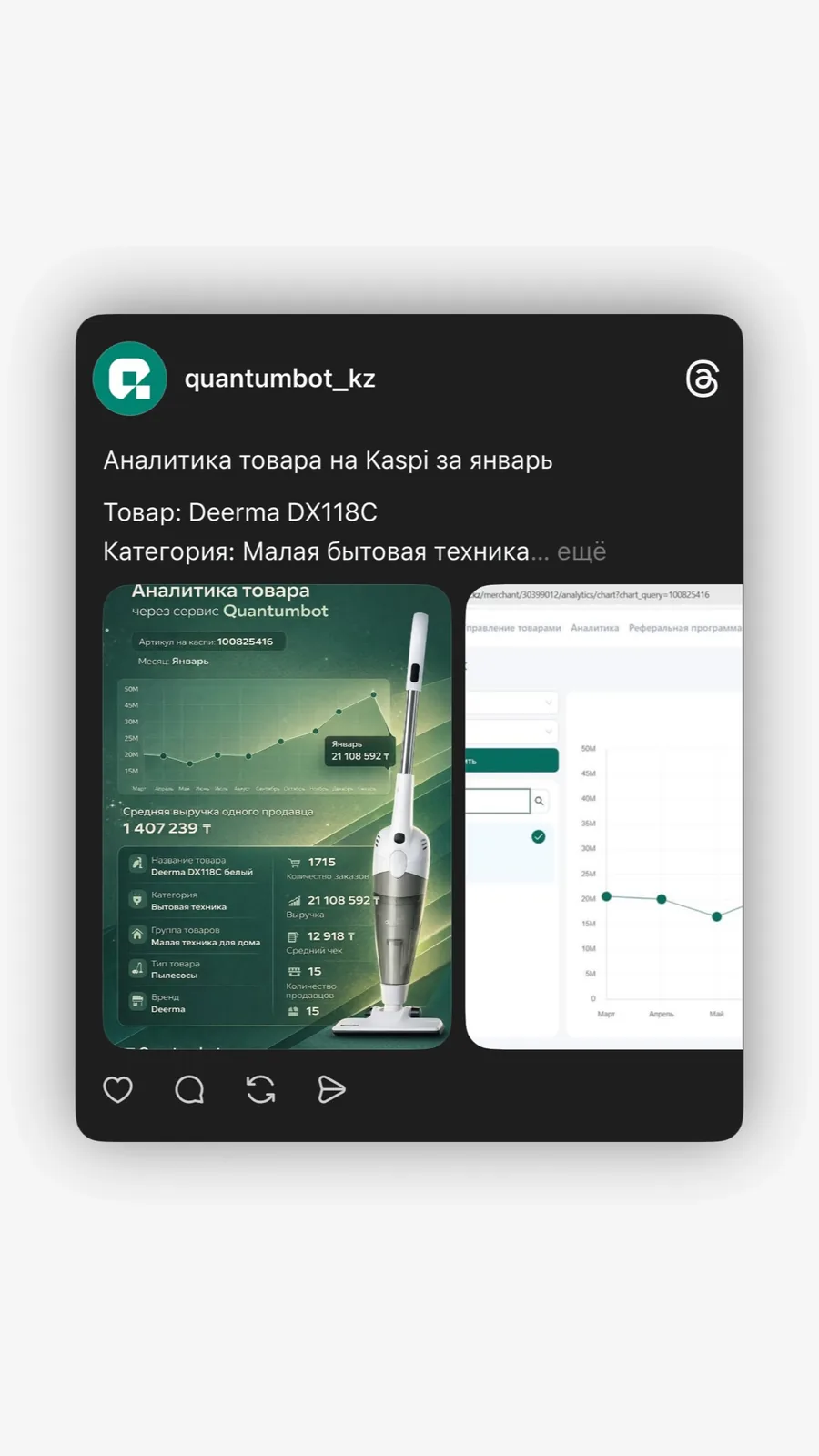 Скриншот аналитики товара на Kaspi с данными по продажам и выручке в интерфейсе Quantumbot