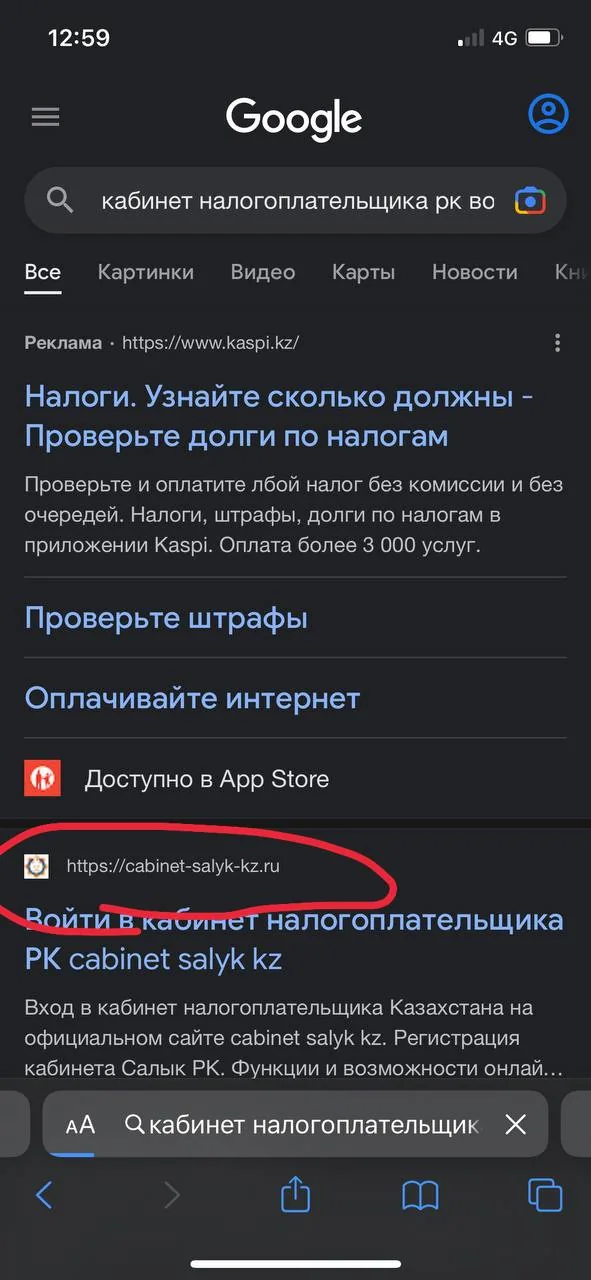 Скриншот телефона с сайтом Kaspi.kz и сервисом кабинета налогоплательщика Казахстана