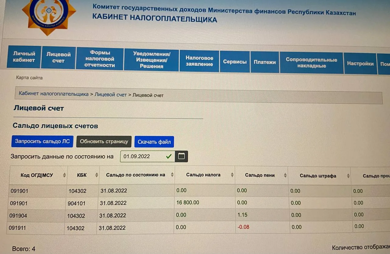 Скриншот онлайн‑кабинета с таблицей финансовых операций и налоговой отчетности