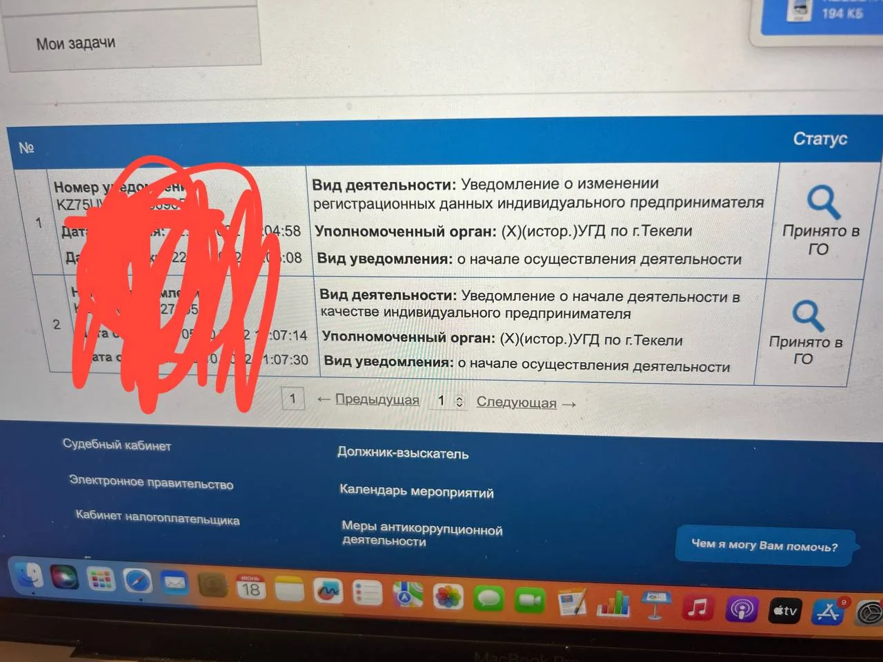 Скриншот документа с регистрационными и уведомительными данными индивидуального предпринимателя